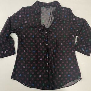 Banana Republic Size L Sheer Black Magenta Green Blue Polka Dot Blouse Top